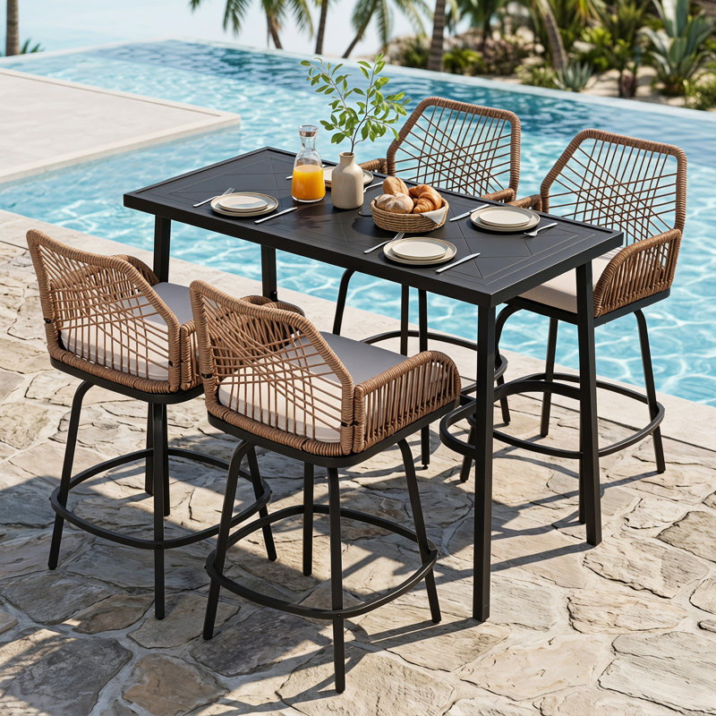 Ensemble de bar d'extérieur 5 pièces, chaises pivotantes en rotin avec coussins