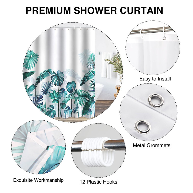 Bathroom Shower Curtain with 12 Hooks, Green Floral 2
