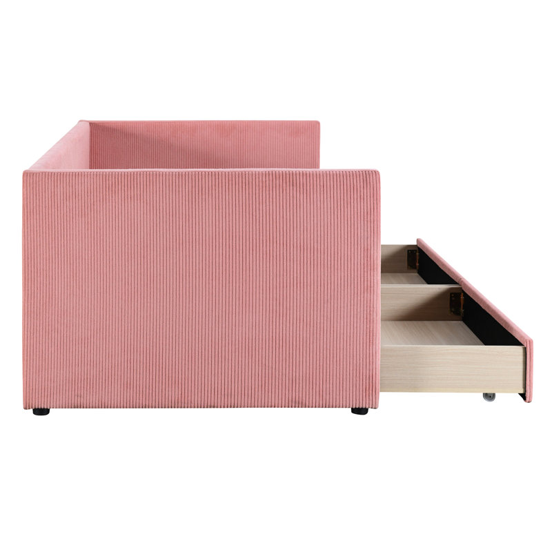Twin Daybed In Pink Corduroy With Two Drawers, Frame, Soft Foam Padding, Convenient Storage Space Size And Wood Slat Framework, Enlarged Area, No Box Spring