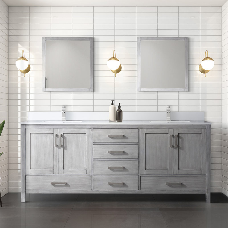 Jacques 80 in. W x 22 in. D Double Bath Vanity, and 30 in. Mirrors, Distressed Grey, White Quartz