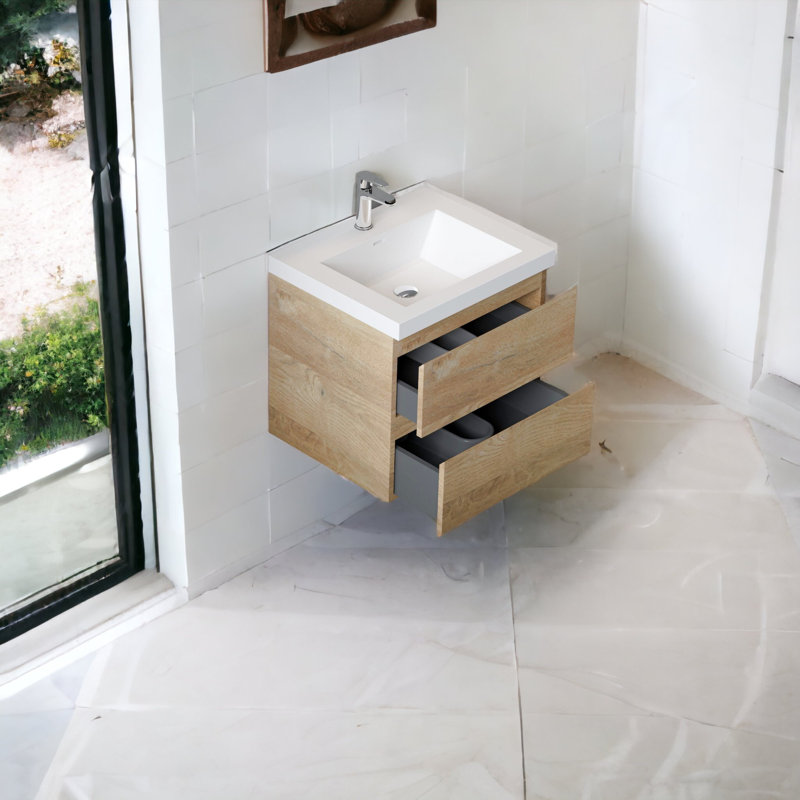 Meuble-lavabo mural simple 23,6 po avec plateau en résine Stone Carol-Ann, Chêne naturel, Blanc