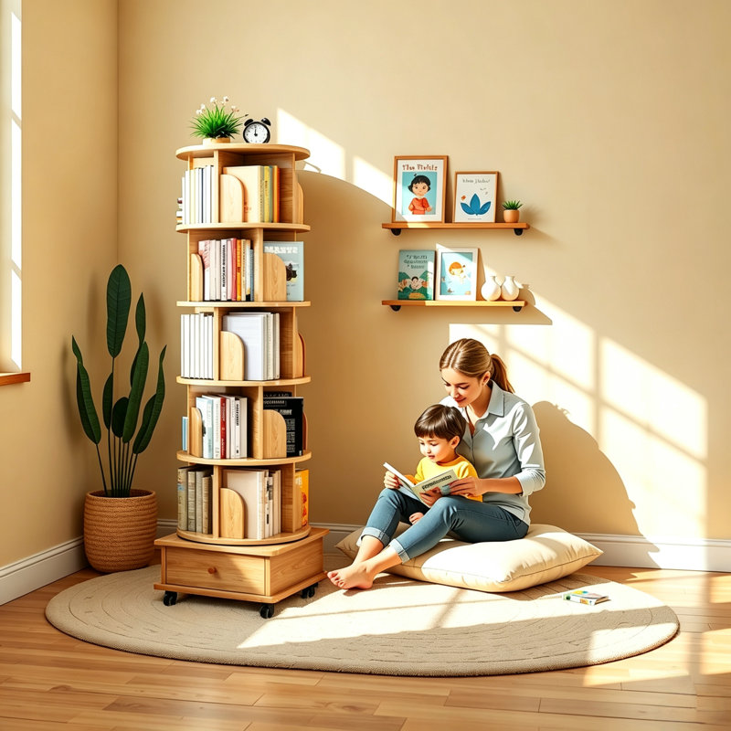 6 Tier Rotating Bookshelf, 360° Display Round Spinning Bookshelf With Wheels And Drawer, Space-Saving, Small Space Rotating Bookshelf Tower For Bedroom, Living Room, Home, Office, Wood Color