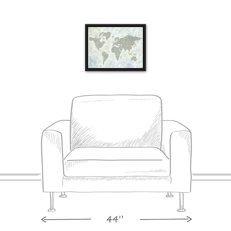 « neutral world map », impression sur toile tendue, H 12 po x l 16 po x P 1,25 po, Cadre noir