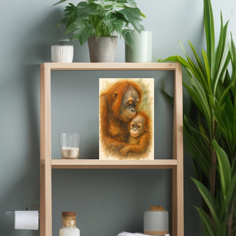 Gentle Orangutan Embrace Peaceful Contemporary Animal Nature Wall Art Print 1 Piece Wrapped Canvas Wall Art
