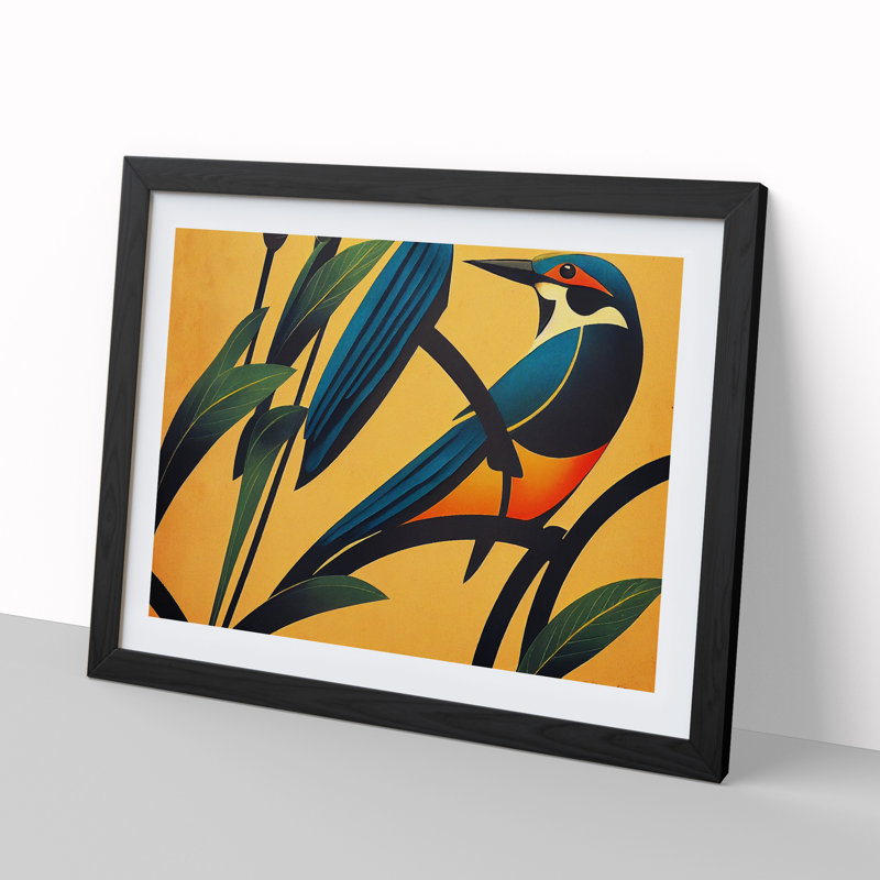 Art Deco Kingfisher - Single Picture Frame Print, 46cm H x 64cm W x 2cm D, Black Framed