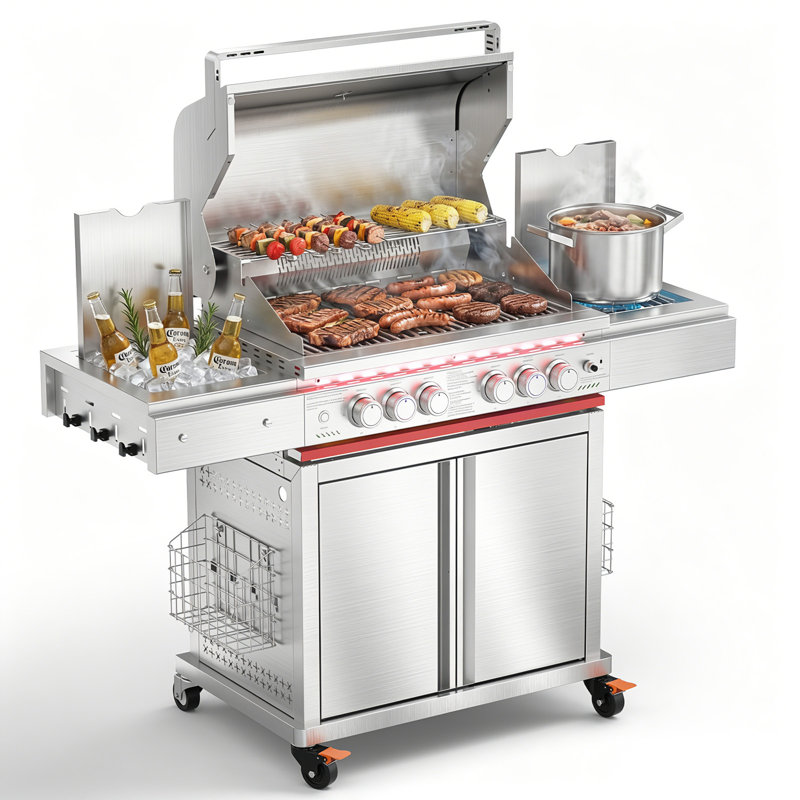 Barbecue au propane à 6 brûleurs avec brûleur infrarouge et brûleur latéral, barbecue en acier inoxydable d'extérieur SUS304 avec lumières DEL