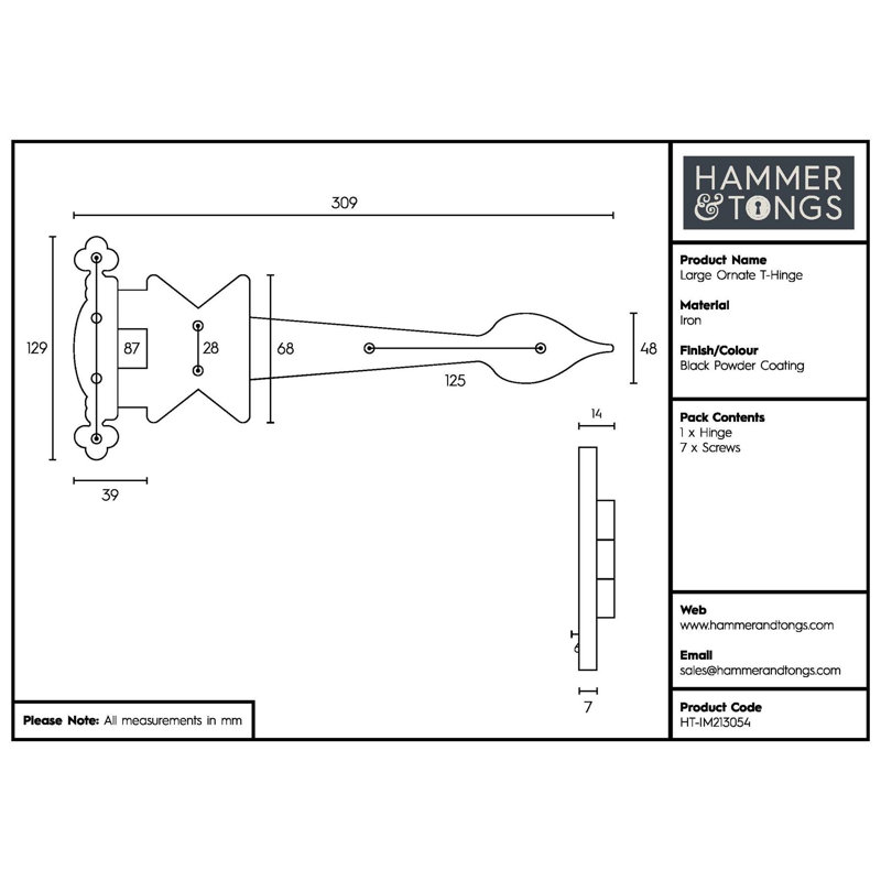 Hammer & Tongs - Ornate T-Hinge - W310mm - Black