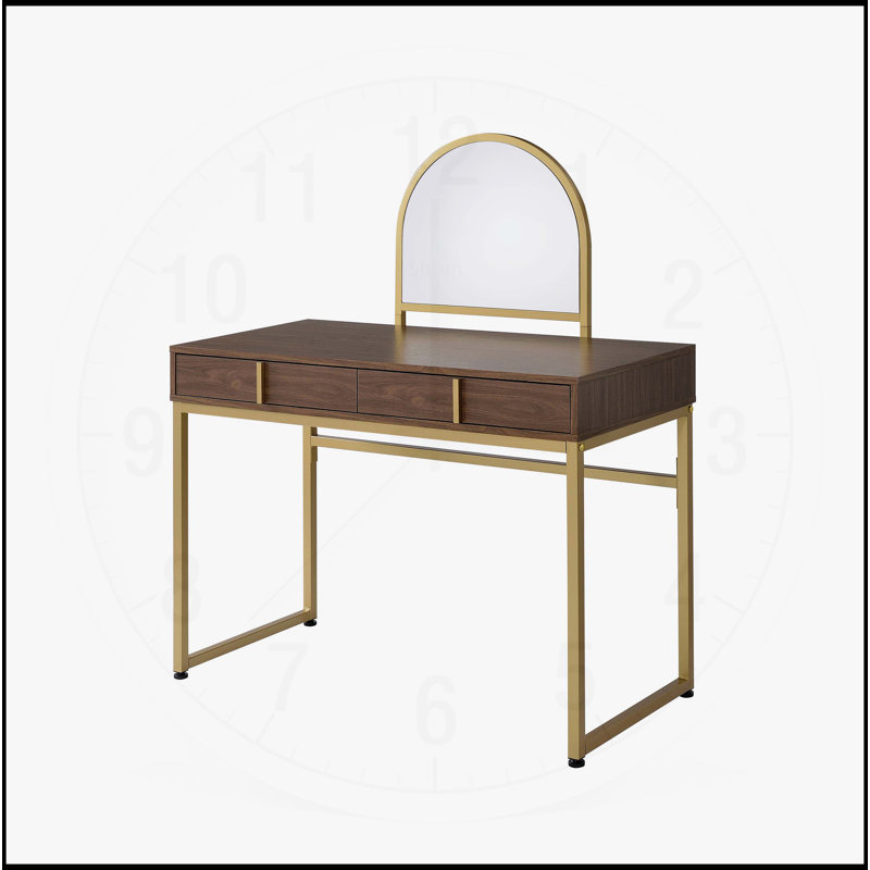 Versatile Vanity Desk with Mirror and Jewelry Tray for Stylish Spaces, Gold/Walnut