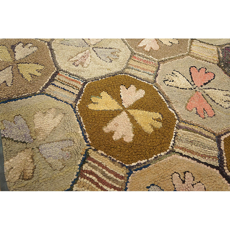 Neutral Earthy Color Antique Geometric American Folk Art Design Hooked Rug