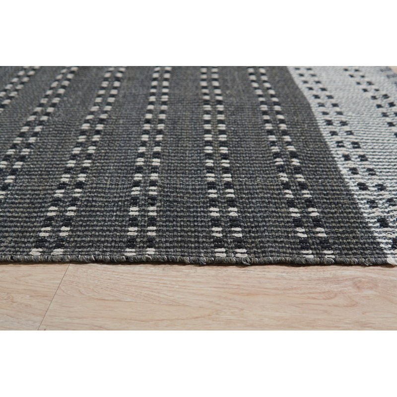 Shenae Charcoal Flatweave Wool & Cotton Contemporary Plaid Hand-Knotted Wool, Cotton Area Rug, Rectangle 4' x 6'