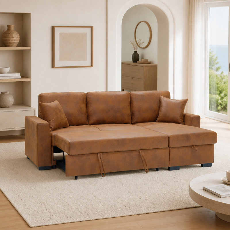 Canapé modulaire 94 po en similicuir avec lit escamotable et rangement pour chaise longue, Similicuir brun