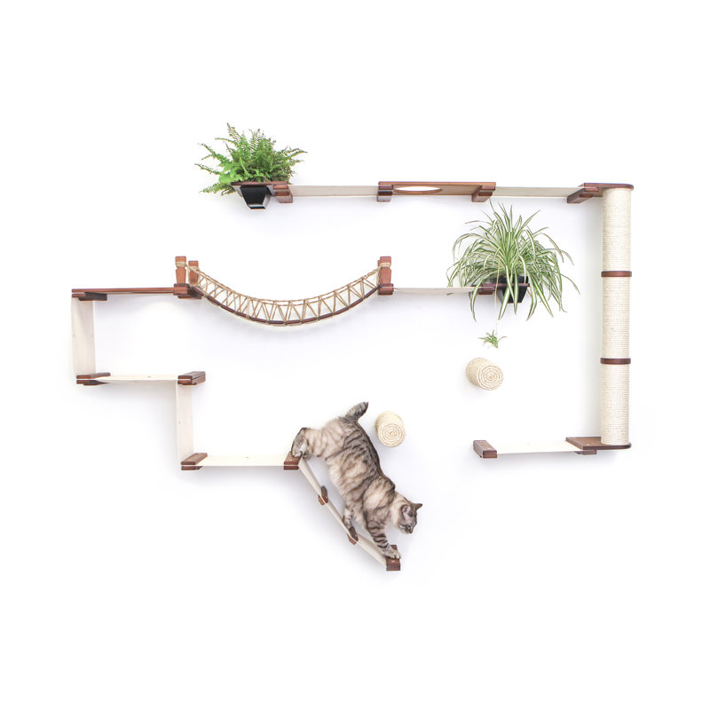 Natural Bamboo Wall-Mounted Cat Tree with Hammocks and Bridge
