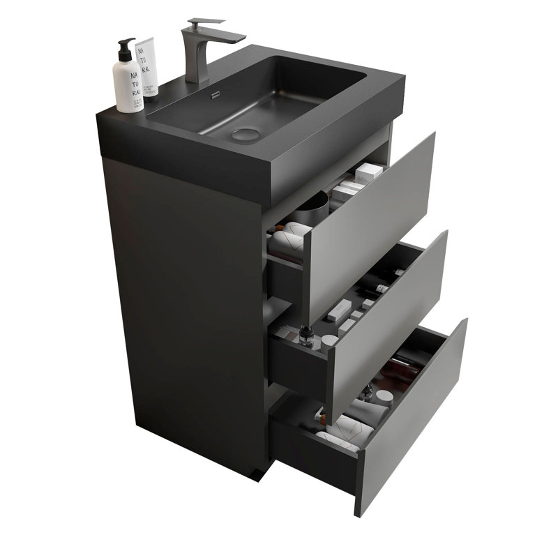 Meuble-lavabo sur pied simple Deandrick, Gris espace, Noir mat, 24"