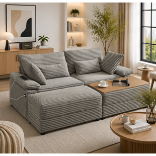 Multifunctional Corduroy Sofa with Reversible Storage Ottomans