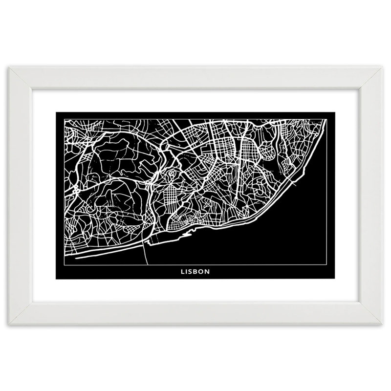 Lisbon City Map - Single Picture Frame Print, White, 70cm H x 100cm W