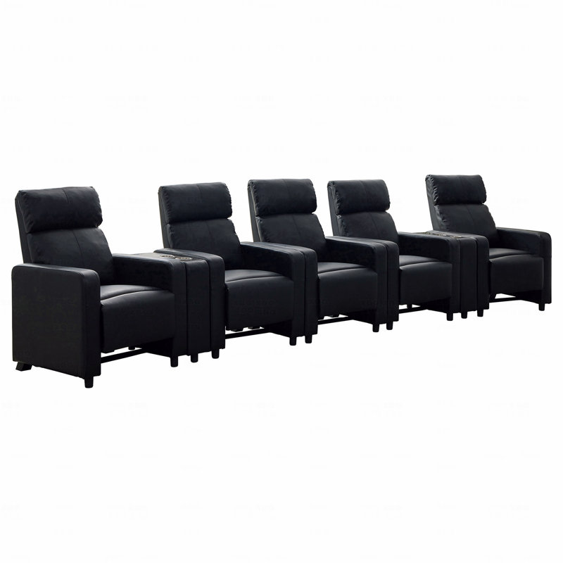 Black Fabric Upholstered 5-Seater Home Theatre With 2 Wedge Consoles