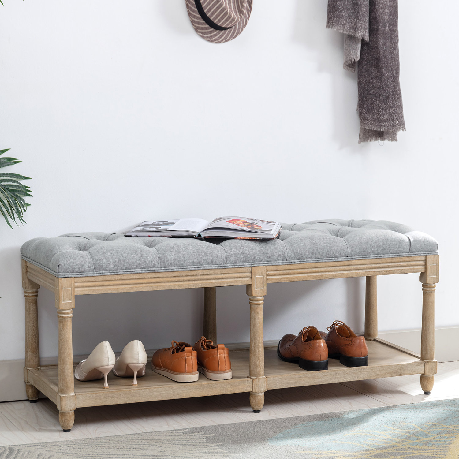 Upholstered bench outlet with shelf