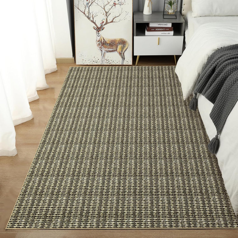 2x6 Washable Modern Textured Stripe Rug Thin Non-Slip Low Pile Stain-Resistant Reinforced Edges Foldable Entryway Beige