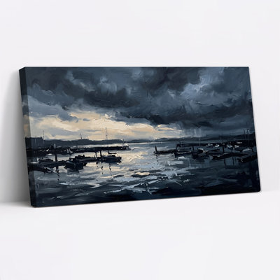 Tableau sur toile représentant un port orageux bleu foncé avec des voiliers