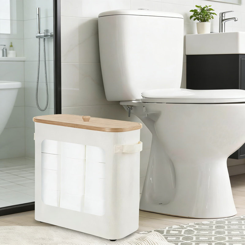 Panier de rangement pliable pour papier hygiénique avec couvercle et poignée en bambou, organisateur de salle de bain de grande capacité pouvant contenir 12 méga ou 16 rouleaux réguliers