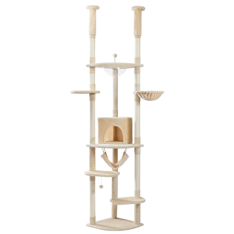 Tour pour chat à hauteur réglable du sol au plafond avec poteaux à griffer, condo confortable, perchoirs et hamac, Beige