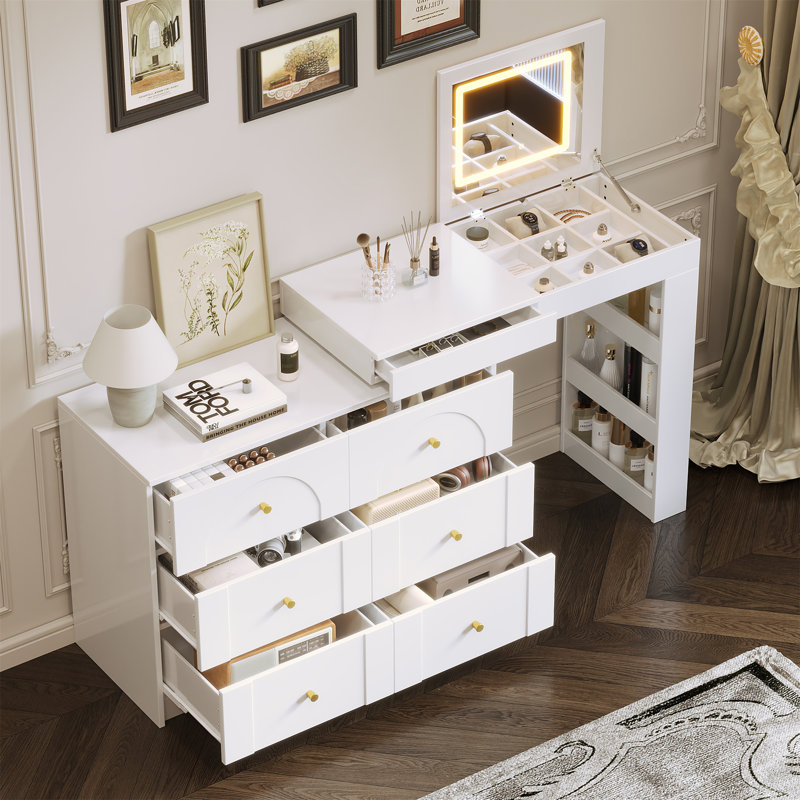 Bureau de coiffeuse avec miroir et lumières, Blanc
