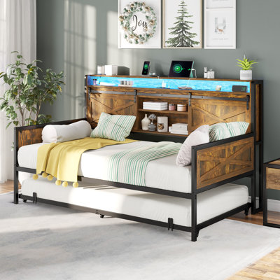 Tryston Twin Daybed With Trundle, Sliding Barn Door Headboard & Charging Station & Led Light by Trent Austin Design