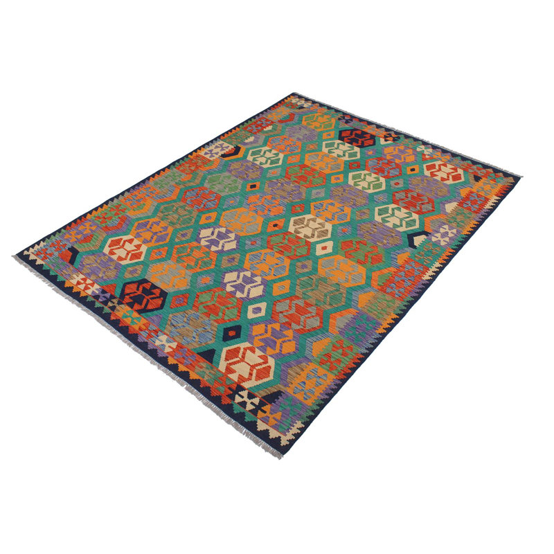 Tapis vert / bleu en laine tissé à la main de style tribal / géométrique / sud-ouest par Cedor 6 pi x 7 pi 10 po