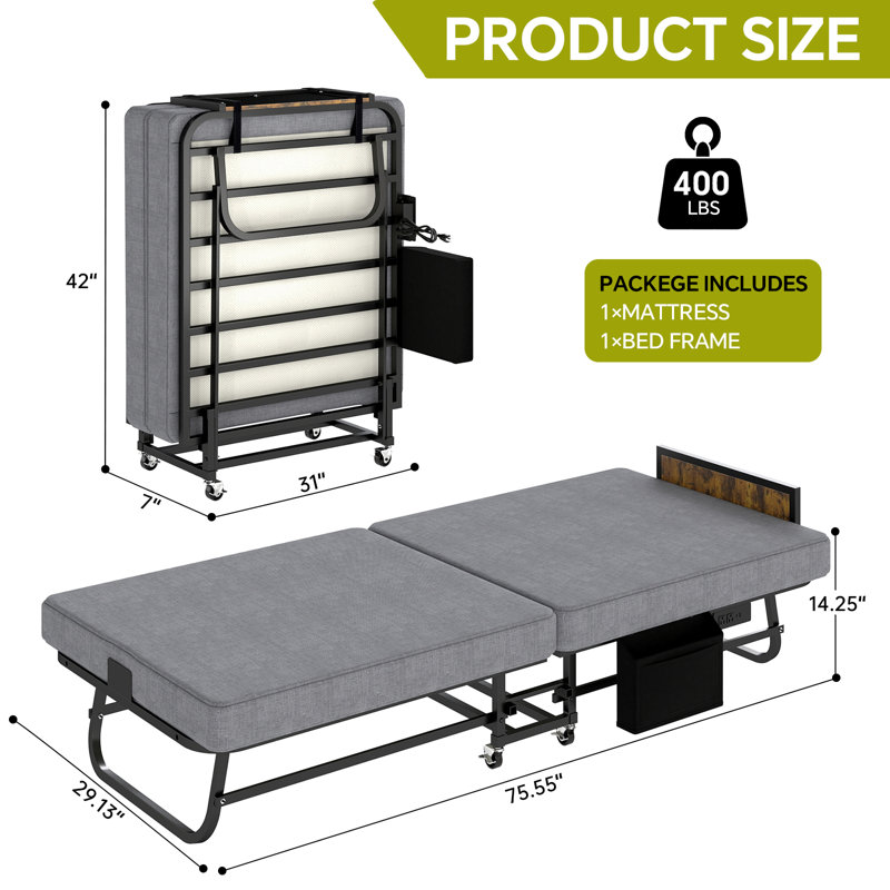 Folding Bed with Charging Station and Side Storage Pocket,Fold Up Roll Away Bed with Headboard and Memory Foam Mattress,Space-Saving