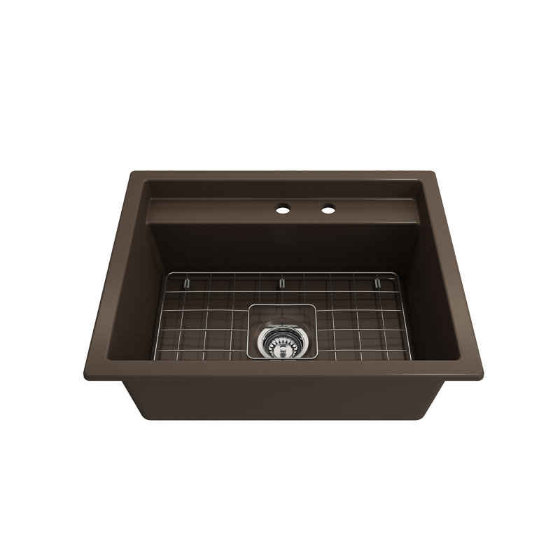 Support double en argile réfractaire 27 po Baveno Uno Évier de cuisine à simple cuve avec accessoires, Brun mat, 2 trous