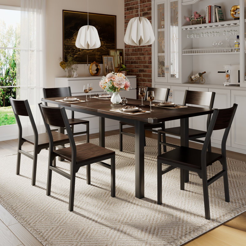  Ensemble de table de salle à manger 7 pièces avec 6 chaises, table de cuisine extensible de 63 po et chaises pour 4 à 6 personnes, table de salle à manger avec structure en métal et panneau de fibres à densité moyenne, parfait pour les petits appartements, facile à nettoyer