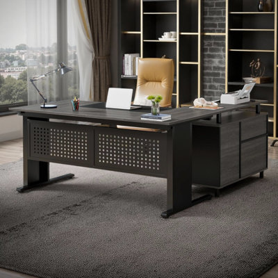 Bureau de direction en L avec classeur, grand bureau moderne avec tiroirs, tablettes et rangement, poste de travail d'ordinateur en coin pour le bureau à domicile