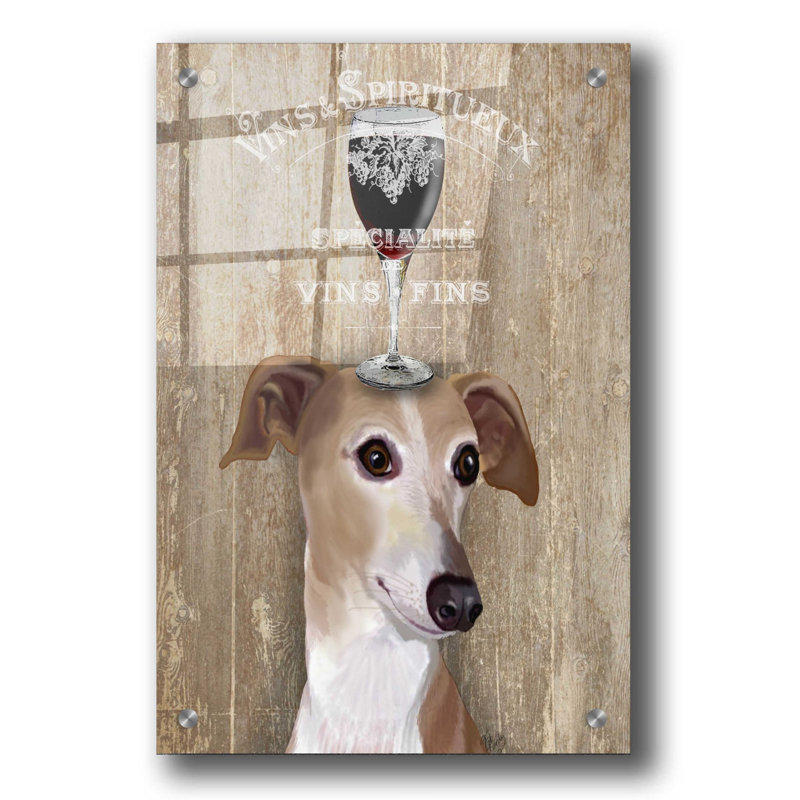 «Dog Au Vin Greyhound» par Fab Funky, art mural en verre acrylique, H 36 po x l 24 po x P 0,2 po