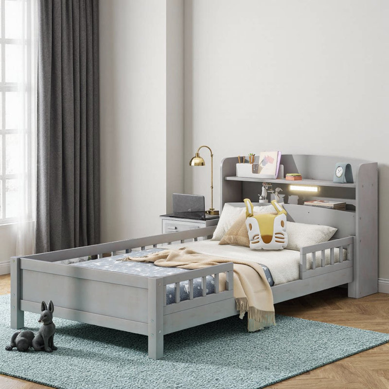 Lit plateforme élégant blanc avec tête de lit à DEL et garde-corps magiques - Transformez votre sanctuaire de sommeil