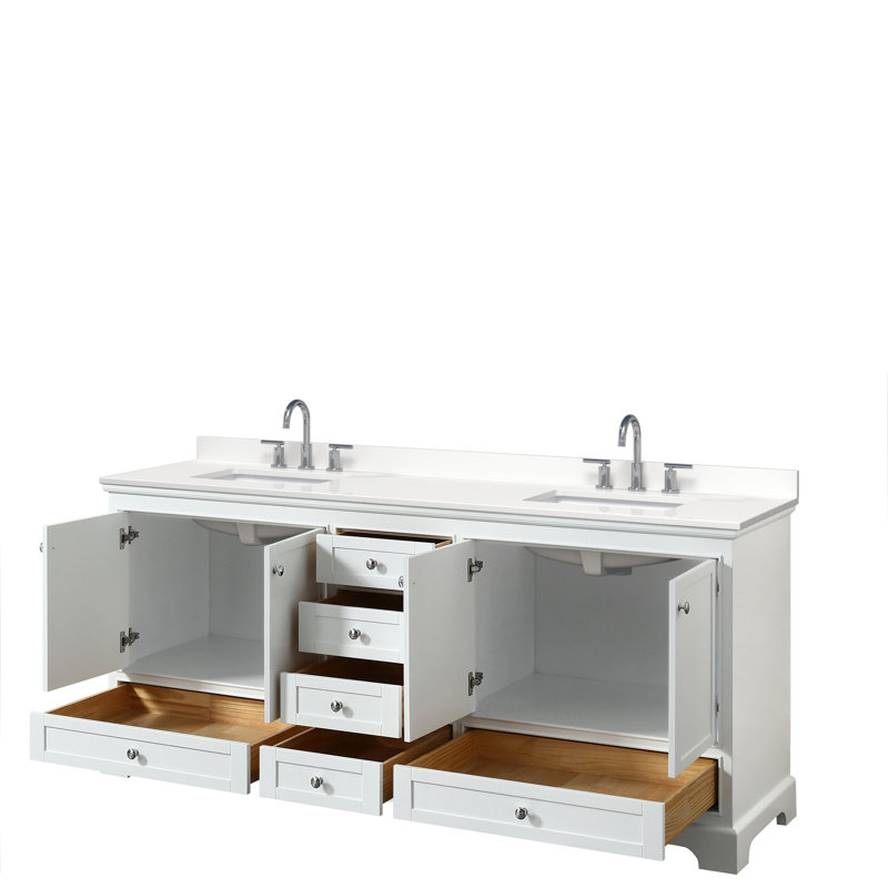 Meuble-lavabo double autoportant Deborah avec plateau en quartz, WDX13625, Blanc, Chrome poli