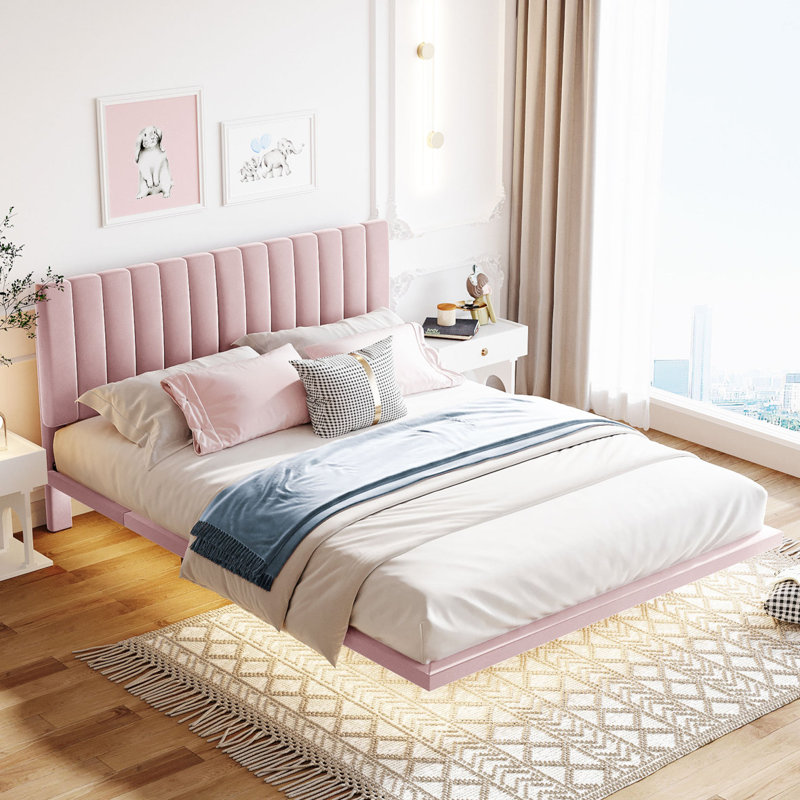 Queen Size Floating Style Upholstered Bed with Sensor Light, Pink