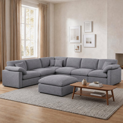 144" Chenille Sectional Corner Sofa 7-Seat Oversized Cloud Modular Deep Seat Couch With Upholstered Removable Ottoman