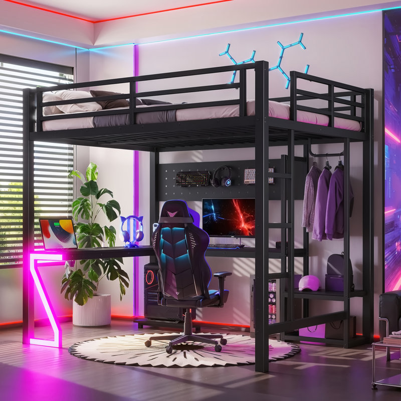 Lit mezzanine double avec bureau en L et ports USB, lit mezzanine en métal avec plateau d'ordinateur, panneau perforé et lumières de jeu en forme de Z, noir