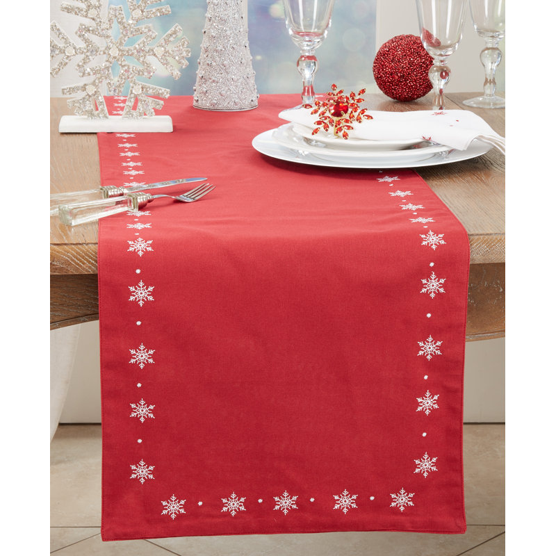 Red Cotton Winter Snowflake Embroidered Table Runner