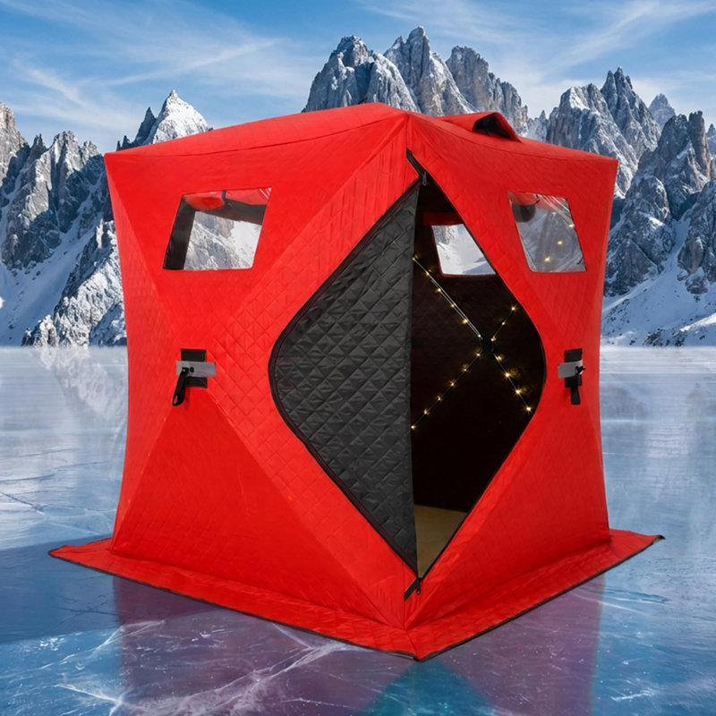 Abri de pêche sur glace isolé et pliable, noir, 152 x 152 x 194 cm, pour 2 à 3 personnes, tissu thermique 210D, montage rapide, boîte lumineuse non électrique avec bande DEL, rouge