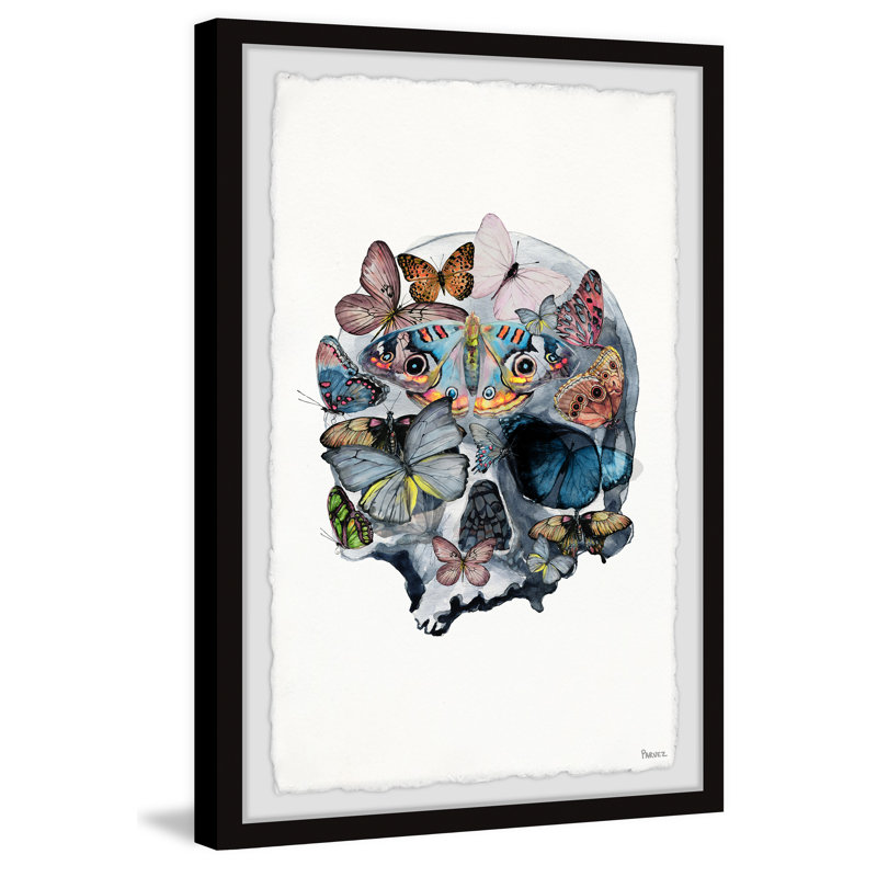 Magnifique papillon avec crâne par Parvez Taj - reproduction d'art encadrée, H 45 po x l 30 po x P 1,5 po
