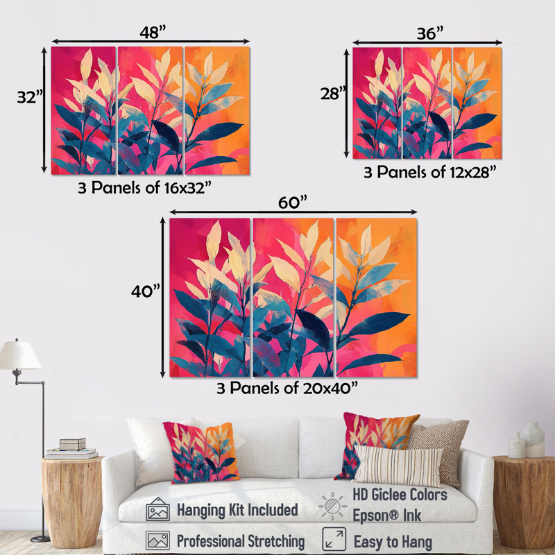 Jungle électrique en couleurs néon Pop Art I - art mural plantes - ensemble de 3, H 32 po x l 48 po, Toile tendue