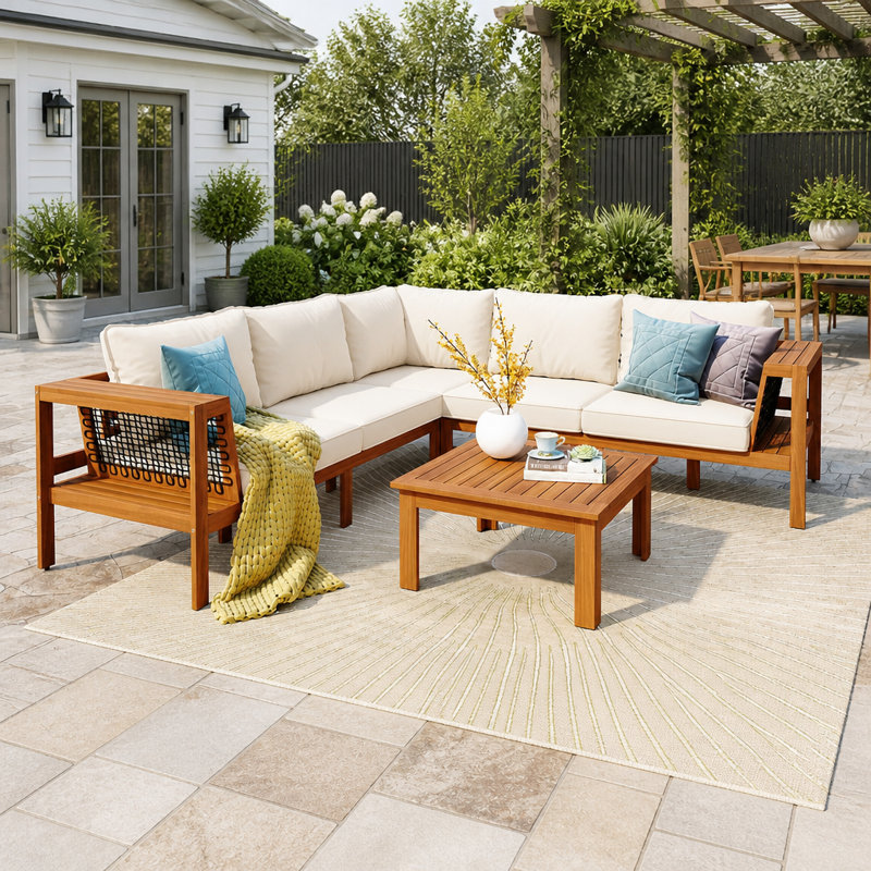 Ensemble de canapé d'extérieur en forme de L en bois d'acacia durable avec accoudoirs en maille tissée et coussins confortables pour terrasse