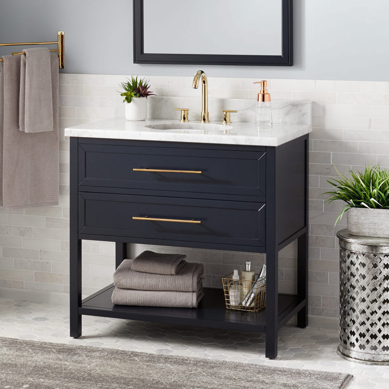 36" Robertson Single Bathroom Vanity Set with Oval Undermount Sink, 8" Widespread, Carrara Marble, Midnight Navy Blue