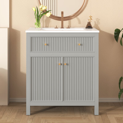  Vanity with Ceramic Sink, Freestanding Cabinet with Soft Closing Doors, Modern Bathroom Design