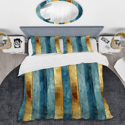 Ensemble de housse de couette transitionnel à rayures bleu ciel et doré