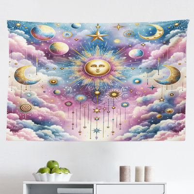 August Grove Celestial Wall Hanging Tapestry Crescent Sun and Clouds Blue Mustard Pale Purple