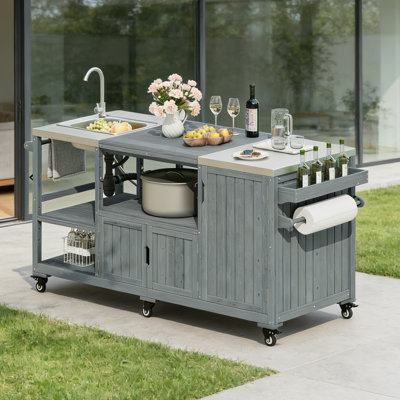 Outdoor Kitchen Cart with Sink and Storage, Solid Wood BBQ Prep Table for Patio