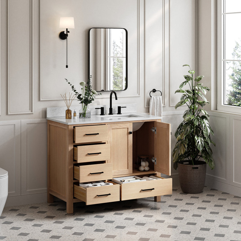 Ensemble de meuble-lavabo simple 43 po Flynt, Chêne / noir mat, Right, Forme rectangulaire