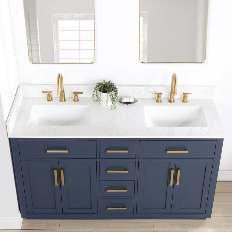 Ensemble de meuble-lavabo double 60 po Gavino, Bleu royal, Or